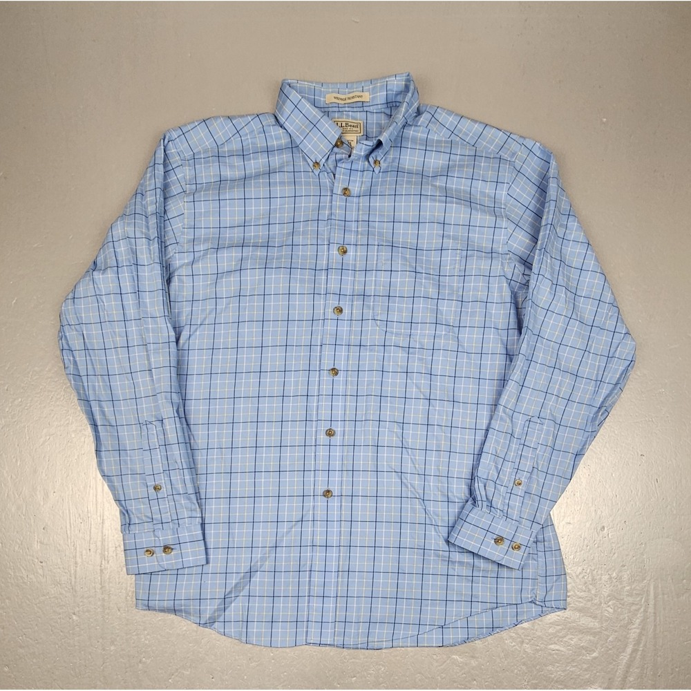 LL Bean Button Down Shirt Mens Large Blue Plaid Wrinkle Resistant Long Sleeve